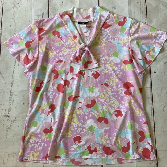 Vintage Tops - Vintage Rebound LA Plus Size 1X 2X USA Made Floral Stretch Top Scarf Neck